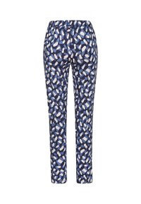 Blauwe broek met een patroon van witte en lichtblauwe penseelstreken. Elastische tailleband, rechte pasvorm en enkellengte.