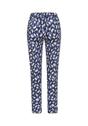 Pantalones azules con un patrón de pinceladas en blanco y azul claro. Cintura elástica, diseño de pierna recta y longitud hasta el tobillo.