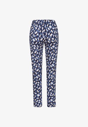 Blauwe broek met een patroon van witte en lichtblauwe penseelstreken. Elastische tailleband, rechte pasvorm en enkellengte.