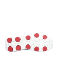 Shoe sole featuring a white rubber base with textured patterns and circular red accents. Notable grip design and multiple contact points.
