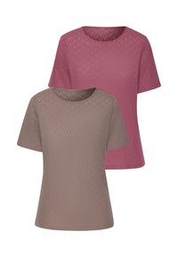 Short-sleeve t-shirts in mauve and brown, featuring a textured geometric pattern and a round neckline. Soft fabric with a relaxed fit.