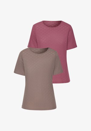 T-shirt a maniche corte in malva e marrone, con un motivo geometrico testurizzato e un colletto rotondo. Tessuto morbido con un fit rilassato.