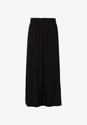 Zwarte, enkellange rok gemaakt van zachte stof met een elastische tailleband en geplooide details; gladde textuur, geen patronen of accenten.