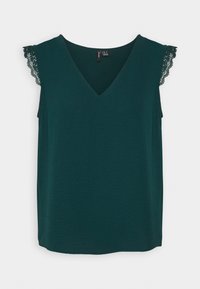 Dark green sleeveless top with a V-neck and lace accents on the shoulders. Made of lightweight fabric with a subtly textured finish.