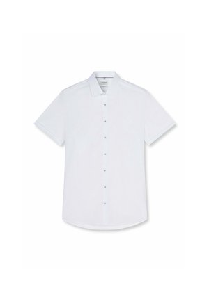 Weißes kurzärmeliges Hemd mit klassischen Kragen, sieben Knöpfen und leicht abgerundetem Saum.
