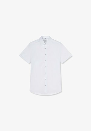 Weißes kurzärmeliges Hemd mit klassischen Kragen, sieben Knöpfen und leicht abgerundetem Saum.