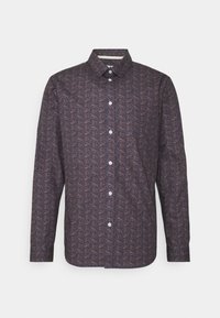 Dunkelblaues Langarmhemd mit einem gemusterten Design in Brauntönen und Lila, mit button-down Kragen und Frontknopfverschluss.