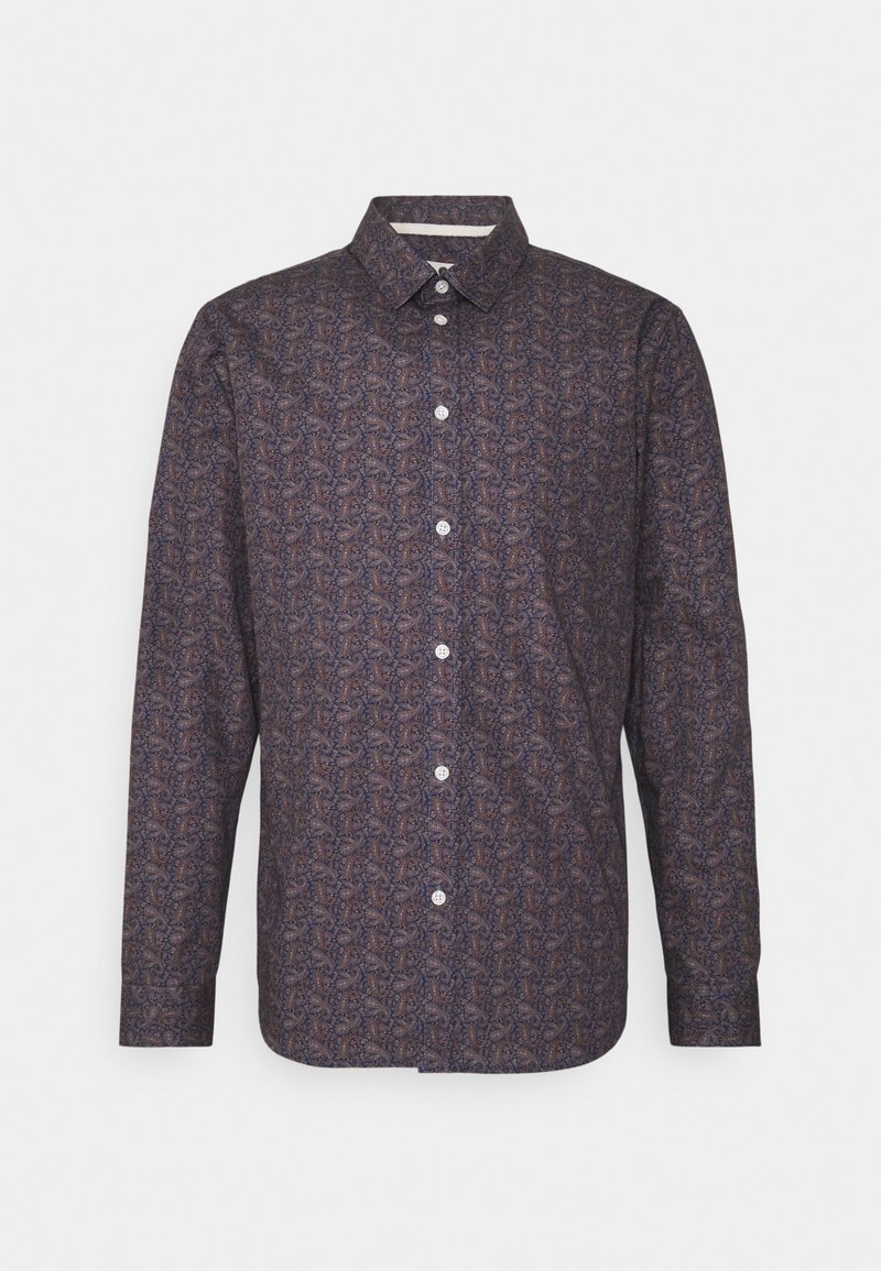 Dunkelblaues Langarmhemd mit einem gemusterten Design in Brauntönen und Lila, mit button-down Kragen und Frontknopfverschluss.