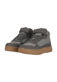 Grå high-top sneakers med tekstureret syntetisk overdel, snøre og hægte-lukning, gummisål og kontrastfuld brun ydersål.