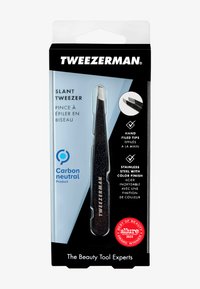 Pincettes inclinées avec des pointes en acier inoxydable fileté à la main, arborant une finition noire brillante et emballées dans une boîte en plastique transparente.