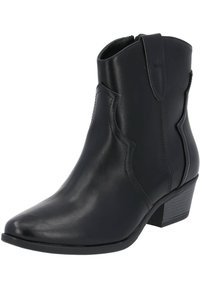 Botín de piel negra hasta el tobillo con punta afilada, costuras decorativas y pestañas laterales para facilitar el uso. Tacón bajo con superficie texturizada.