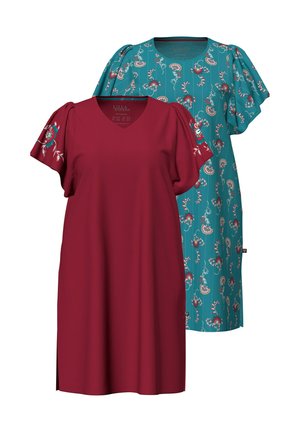 Twee knielange jurken met korte pofmouwen; één effen bordeaux met bloemrijke borduur, de andere turquoise met een overal bloemenpatroon.
