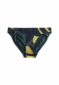 Bikini-Hose mit Camouflage-Muster in Grün, Gelb und Marineblau; weicher, elastischer Stoff; verfügt über einen Gummibund und geraffte Seiten.