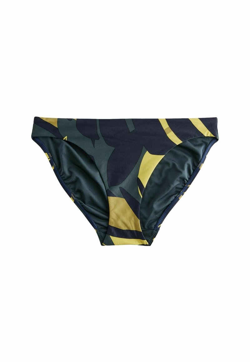 Zöld, sárga és navy mintázatú kamuflázs mintás bikini alsó; puha, rugalmas anyag; rugalmas derékpánttal és ráncolt oldalakkal rendelkezik.