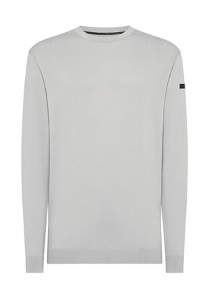 Maglione grigio chiaro a maglia con scollatura rotonda, maniche lunghe, polsini a coste e un accento nero sulla manica sinistra. Texture morbida.