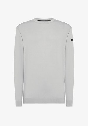 Maglione grigio chiaro a maglia con scollatura rotonda, maniche lunghe, polsini a coste e un accento nero sulla manica sinistra. Texture morbida.