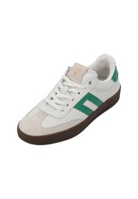 Zapatilla blanca con detalles verdes y cuello de ante tostado, con un diseño de cordones, parte superior de cuero suave y suela de goma.