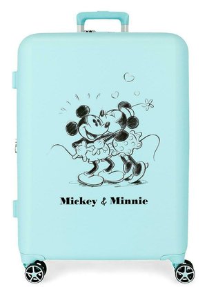 Maleta azul clara con un boceto negro de Mickey y Minnie Mouse abrazándose, rodeados de corazones, y texto "Mickey & Minnie" abajo.