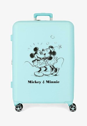 Maleta azul clara con un boceto negro de Mickey y Minnie Mouse abrazándose, rodeados de corazones, y texto "Mickey & Minnie" abajo.