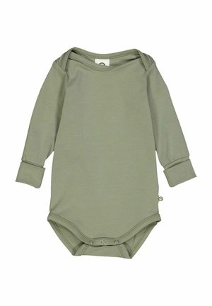 Body z długim rękawem w jasnym oliwkowym kolorze, wykonane z miękkiego materiału, z zapięciem na napy na dole i okrągłym dekoltem. Prosty design.