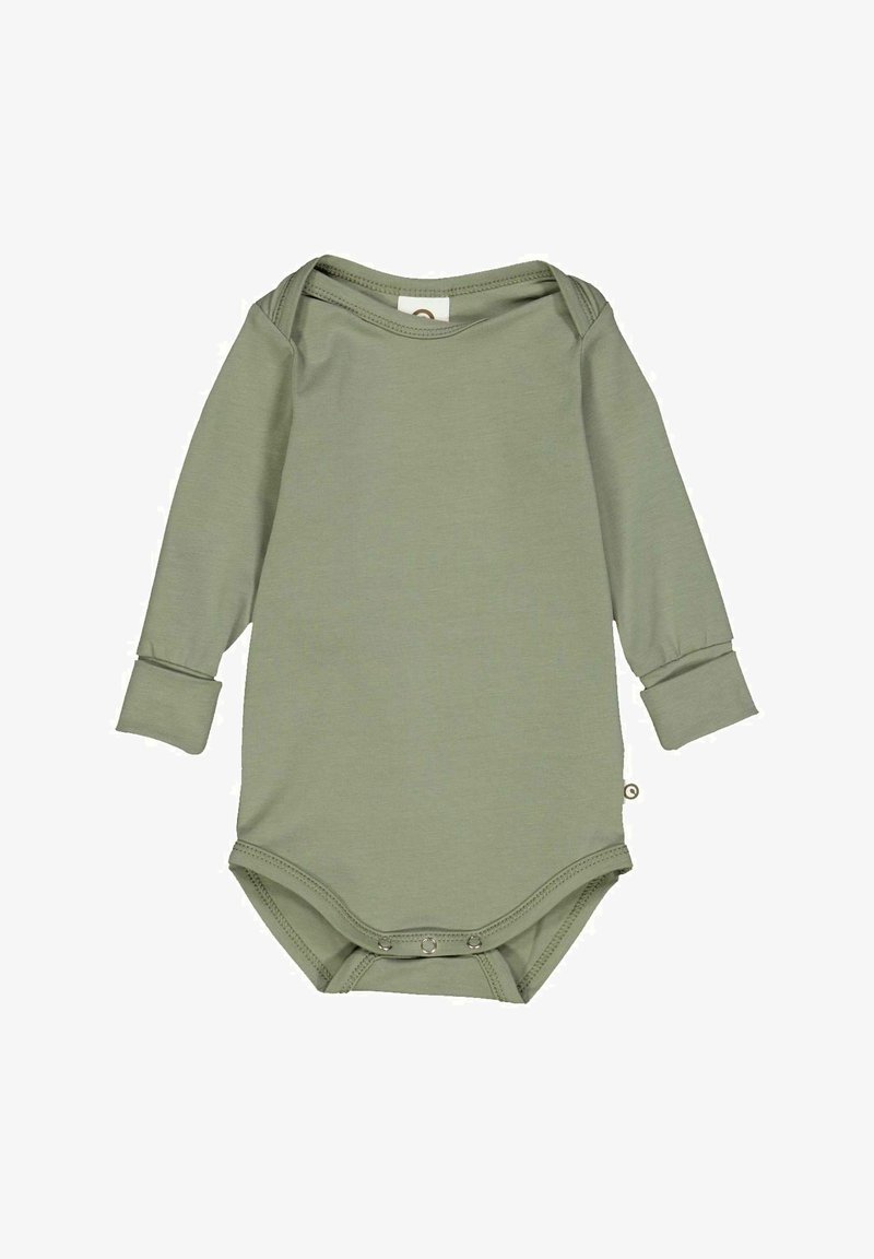 Bodysuit à manches longues en vert olive clair, fabriqué dans un tissu doux, avec des boutons-pression en bas et un col rond. Design simple.