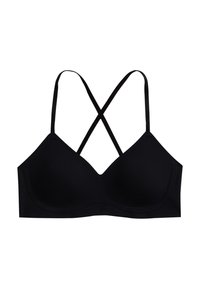 Black wireless bra with a V-shape design, smooth texture, crossback straps, and seamless cups for comfort and support.