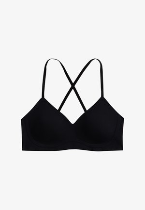 Svart trådlös bh med V-formad design, slät yta, korsade axelband och sömlösa kupor för komfort och stöd.