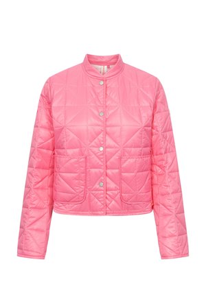 Roze gewatteerd jack met drukknoopsluiting, twee voorzakken, een opstaande kraag en een diamantsteekpatroon.