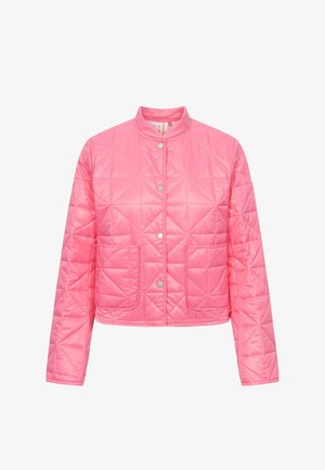 Roze gewatteerd jack met drukknoopsluiting, twee voorzakken, een opstaande kraag en een diamantsteekpatroon.