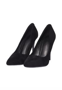 Décolleté neri in suede con punta affusolata e sottile tacco a stiletto, caratterizzati da una morbida fodera interna e un design elegante e minimalista.