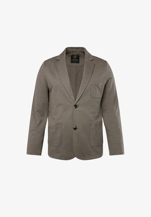 Grå blazer med en glat tekstur, enkelt knaplukning, notch lapels og to forlommer. Enkel design med en skræddersyet pasform.