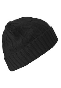 Beanie negru tricotat, cu un model texturat de cabluri și o manșetă ribbed. Fabricat dintr-un material cald și elastic pentru confort și potrivire.