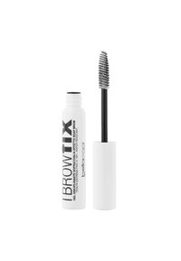 Tubo di gel per sopracciglia bianco etichettato "Browtix" con testo nero, mostrato aperto accanto al suo tappo bianco e all'applicatore spoolie.