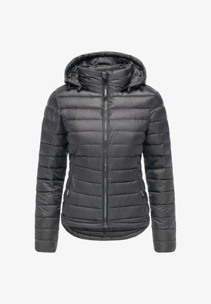 Dame sort quilted hoody puffer jakke med frontlynlås og sidelommer, designet til koldt vejr.