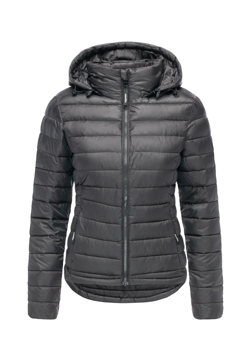 Women's black quilted hooded puffer jacket with front zipper and side pockets, designed for cold weather.