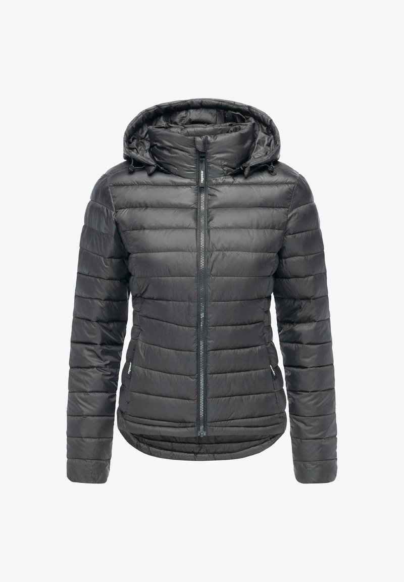 Zwarte gewatteerde pufferjas voor dames met capuchon, vooraan met rits en zijzakken, speciaal ontworpen voor koud weer.