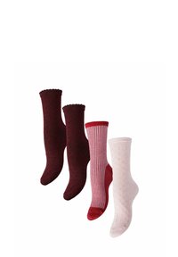 Zestaw czterech par skarpetek w różnych odcieniach czerwieni i różu. Dwie w jednolitym czerwonym kolorze, jedna w czerwone paski oraz jedna różowa z złotymi kropkami. Miękka tekstura, długość do połowy łydki.