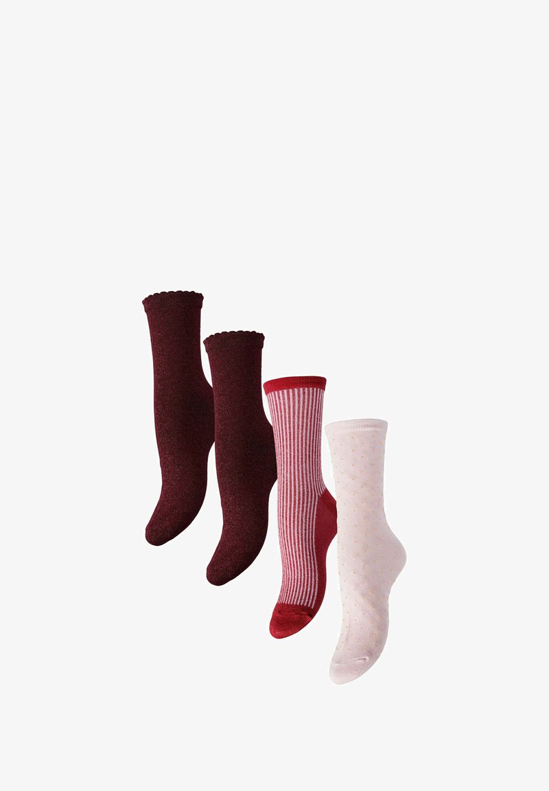 Juego de cuatro calcetines en diferentes tonos de rojo y rosa. Dos lisos rojos, uno rojo con rayas y uno rosa con puntos dorados. Textura suave, de longitud media hasta la pantorrilla.