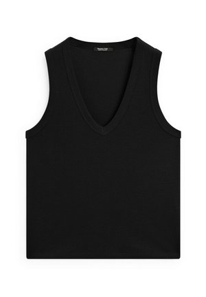 Haut sans manches noir avec un décolleté en V profond. Fabriqué en tissu en coton lisse avec une coupe rectangulaire simple et des détails de couture.