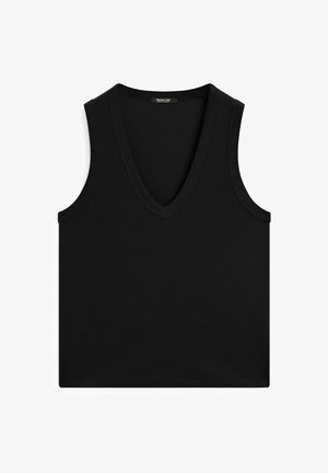 Svart ärmlös topp med djup V-ringning. Tillverkad av mjukt bomullstyg med en enkel, rektangulär klippning och sömdekor.