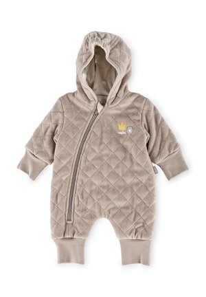 Beige Stepp-Overall mit Kapuze, ausgestattet mit einem Frontreißverschluss, gerippten Bündchen und einem kleinen Kronenlogo auf der Brust. Weicher Stoff, warmes Design.