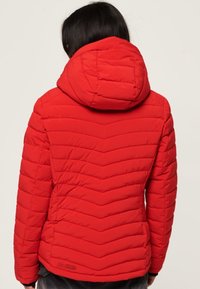 Czerwona kurtka puchowa z kapturem, z charakterystycznym wzorem w zygzak i gładką fakturą. Widziana z tyłu, prezentuje poziome szwy.