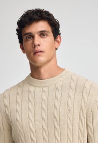 Suéter beige de punto trenzado con cuello redondo, que presenta patrones retorcidos elevados y un pequeño logo bordado en el pecho.