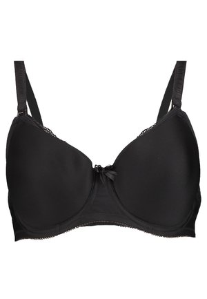 Reggiseno imbottito nero con spalline regolabili, un fiocco centrale e bordo in pizzo lungo i lati. Tessuto morbido in tutta la sua superficie.