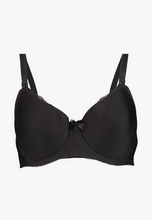 Mustikkavärinen pehmeä rintaliivi, jossa on säädettävät hihnat, keskellä solmukeakseli ja pitsireunus reunoilla. Tasainen kangas koko ajan.