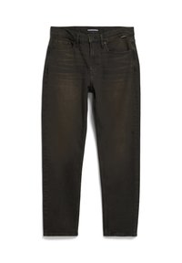 Pantalones vaqueros de mezclilla verde oscuro con un corte recto, que cuentan con un diseño clásico de cinco bolsillos y una sutil textura desvaída. Construcción robusta.