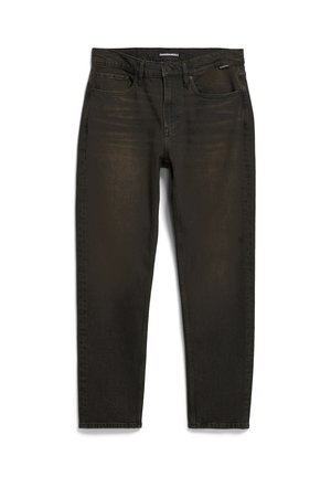 Pantalones vaqueros de mezclilla verde oscuro con un corte recto, que cuentan con un diseño clásico de cinco bolsillos y una sutil textura desvaída. Construcción robusta.