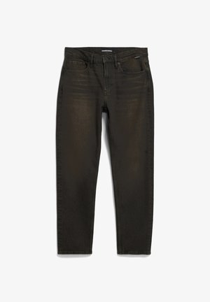 Jeans in denim verde scuro con taglio dritto, dotati di un classico design a cinque tasche e una leggera texture sbiadita. Costruzione robusta.