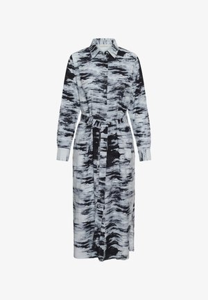 Vestito camicia con maniche lunghe, bottoni frontali, motivo astratto bianco e nero e cintura in tessuto abbinato in vita.
