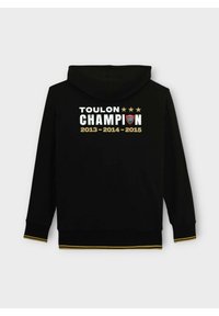 Sweat à capuche noir avec le texte "TOULON CHAMPION 2013 - 2014 - 2015", trois étoiles dorées et un logo en écusson rouge, blanc et vert au dos.